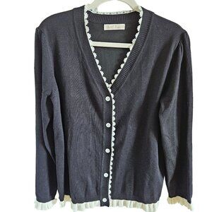 Belle Pogue Woman Size 1X Cardigan Sweater Ruffle Hem/Sleeve Lace Accent Peasant